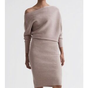 Reiss Lara Ribbed Knit Midi Dress Neutral Beige Off Shoulder Dolman XL NEW